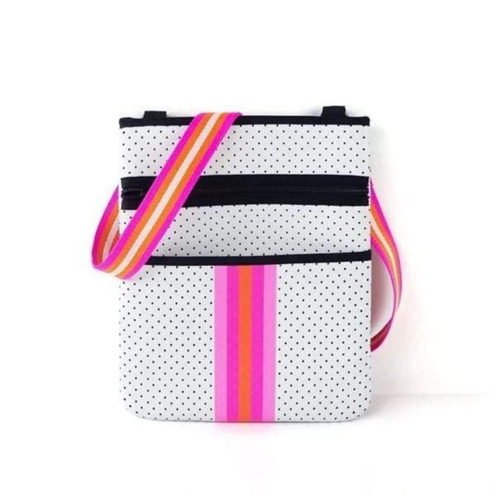 White Neoprene Crossbody with Pink & Orange Stripe